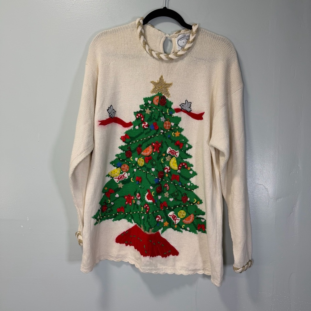 Vintage Eagles Eye Sweater Womens XL Cream Christmas Tree Holiday 90s‎
